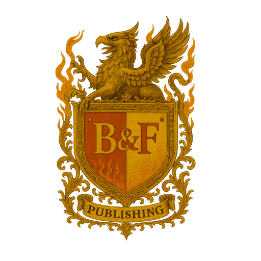 B&F Publishing crest featuring a griffin, shield, and flames
